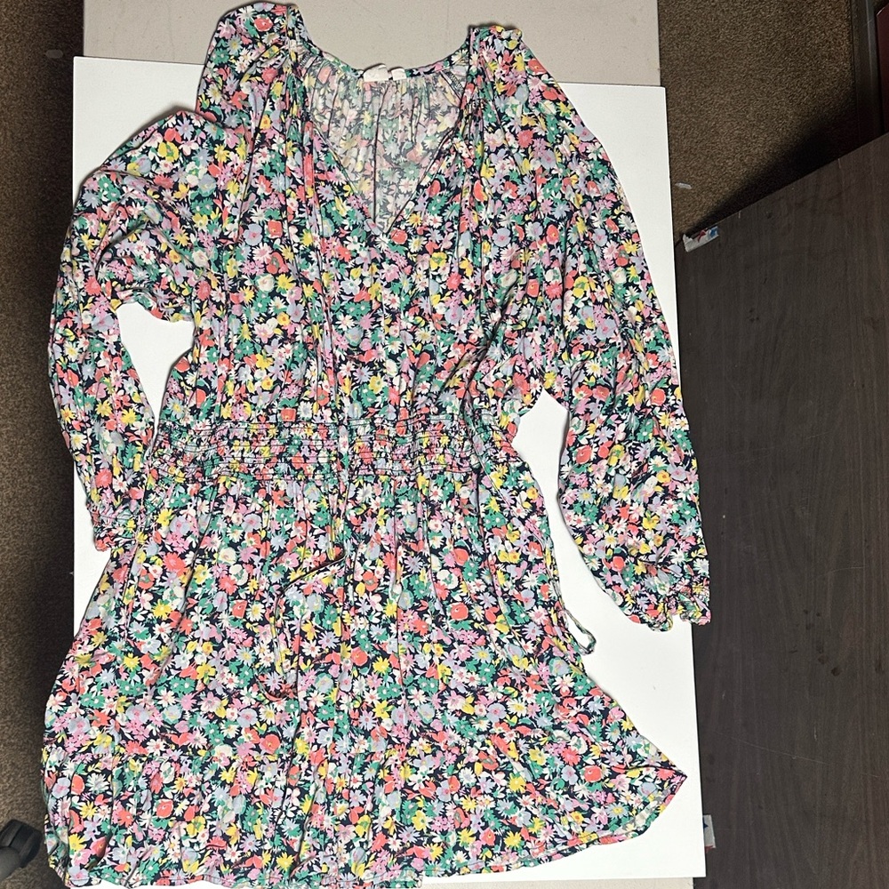 Gap Women’s Size XL Relaxed Smocked Splitneck Mini Dress Multicolor Floral NWT